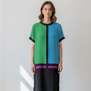 Vintage 1980s Argenti colour block silk midi dress - size Medium (M)